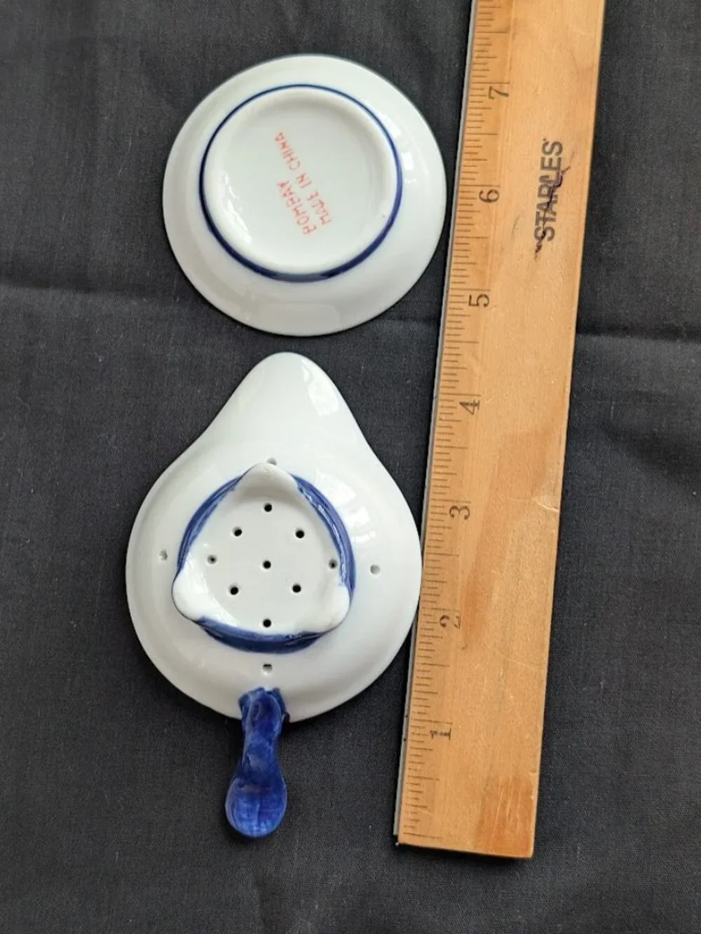 Vintage Bombay Company Blue & White Porcelain Tea Strainer with Drip Bowl